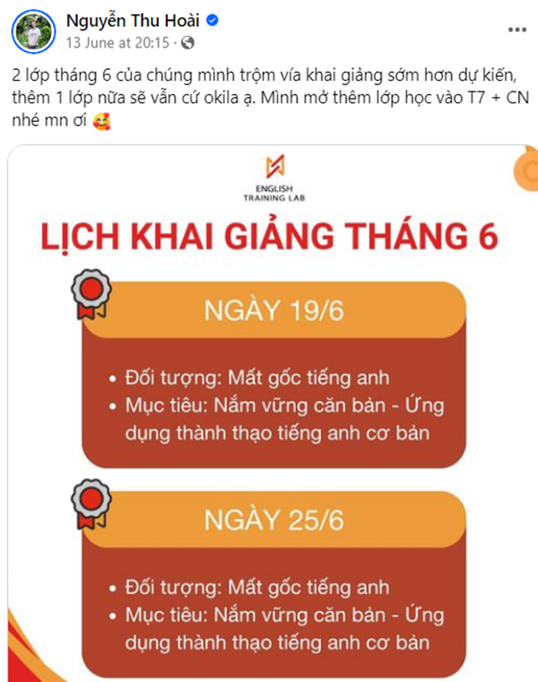 Thu Hoài thông báo mở lớp dạy tiếng Anh dành cho người mất gốc với mục tiêu nắm vững tiếng Anh cơ bản Thu Hoài thông báo mở lớp dạy tiếng Anh dành cho người mất gốc với mục tiêu nắm vững tiếng Anh cơ bản