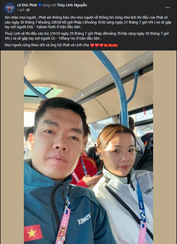 'Chính chủ' thông báo thời gian Đức Phát và Thùy Linh thi đấu ở Olympic - Ảnh 1. 'Chính chủ' thông báo thời gian Đức Phát và Thùy Linh thi đấu ở Olympic - Ảnh 1.